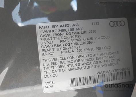 2023 Audi Q5 Sportback Premium Plus 45 Tfsi S Line Quattro S Tronic из США, поврежденный, VIN WA15AAFY7P2069833